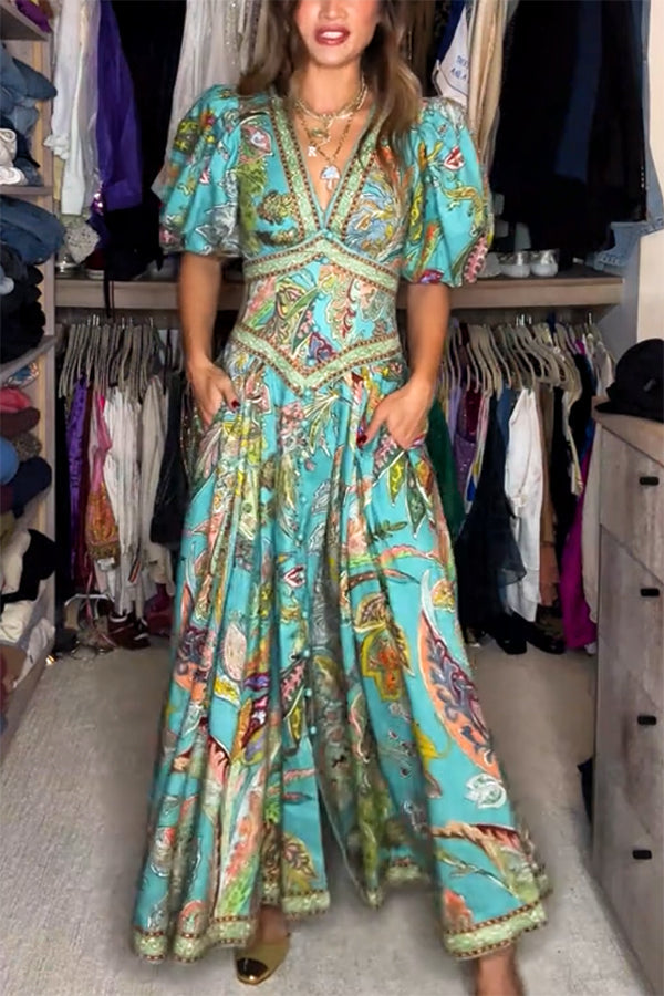 Amelia™ - Luftiges Maxikleid mit Puffärmeln und V-Ausschnitt