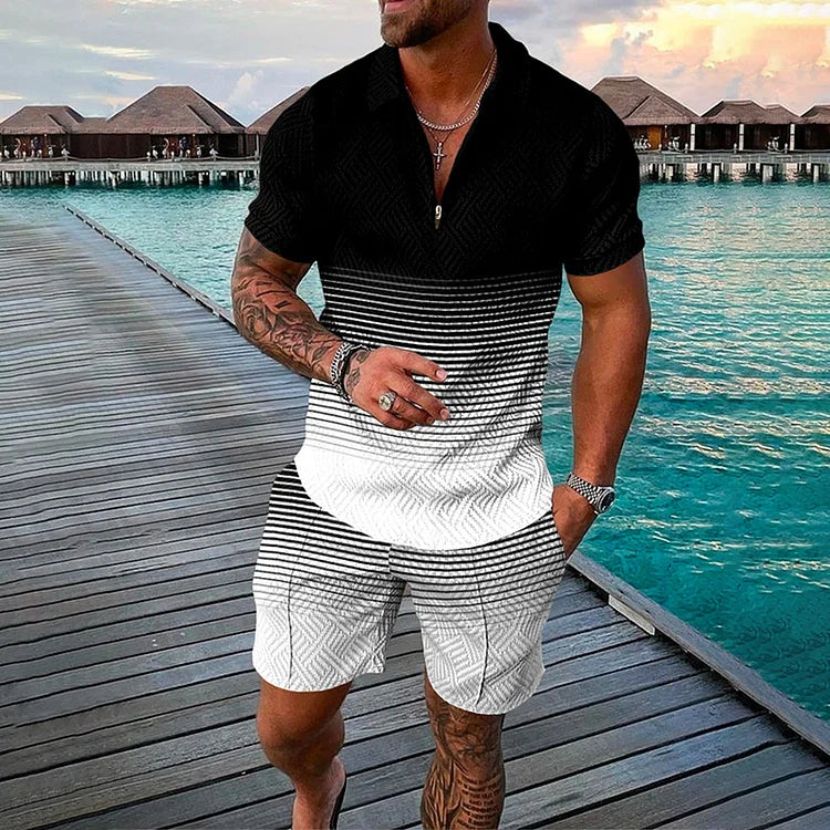 NOAH | POLOSHIRT- & SHORTS-SET IN DUNKELHEITSSCHWARZ