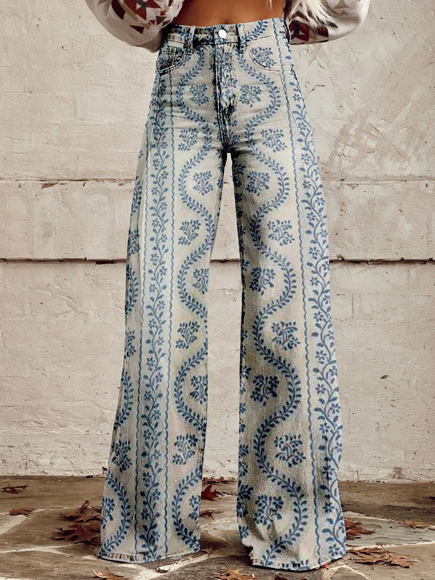 LENA BLAU GEMUSTERT BREIT GESCHNITTETE HOSE