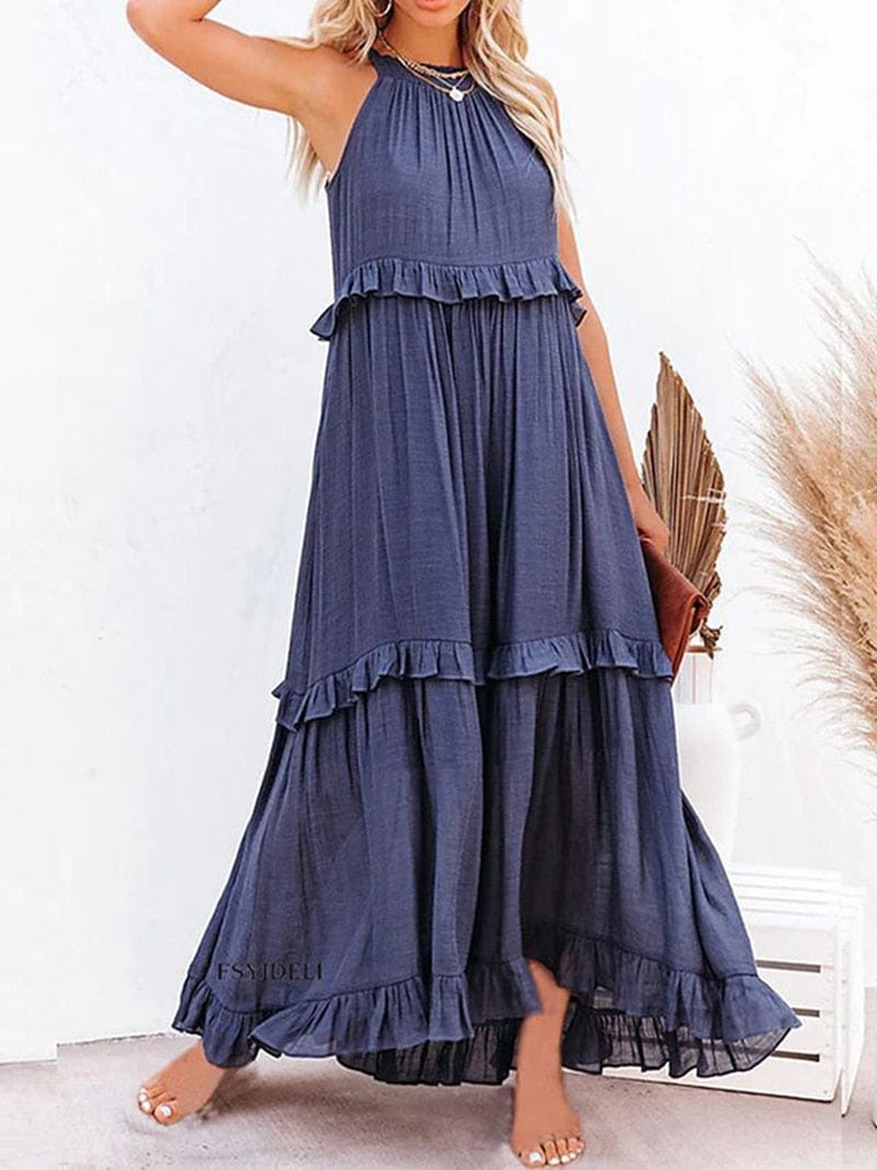Anna™ Marineblaues Lockeres Sommerliches Festliches Maxikleid