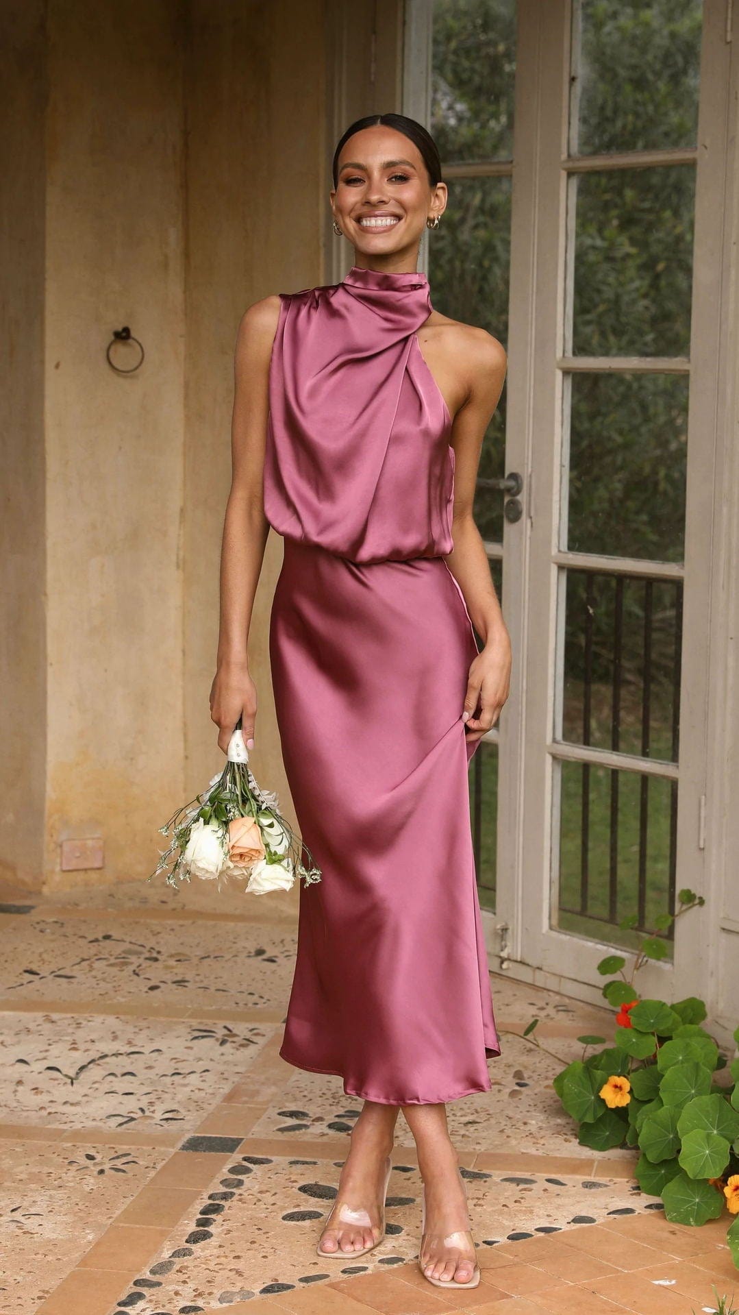 Rochella™ - Elegante Satin Kleid mit Hohem Kragen Altrosa