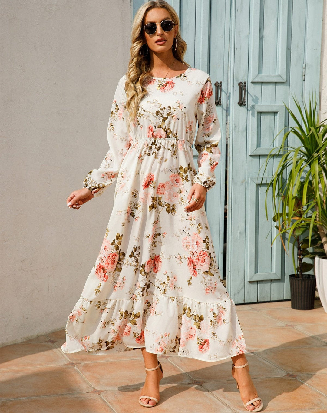 Julia™ Witte Langarm Maxi Kleid Mit Sommerlichem Blumenmuster