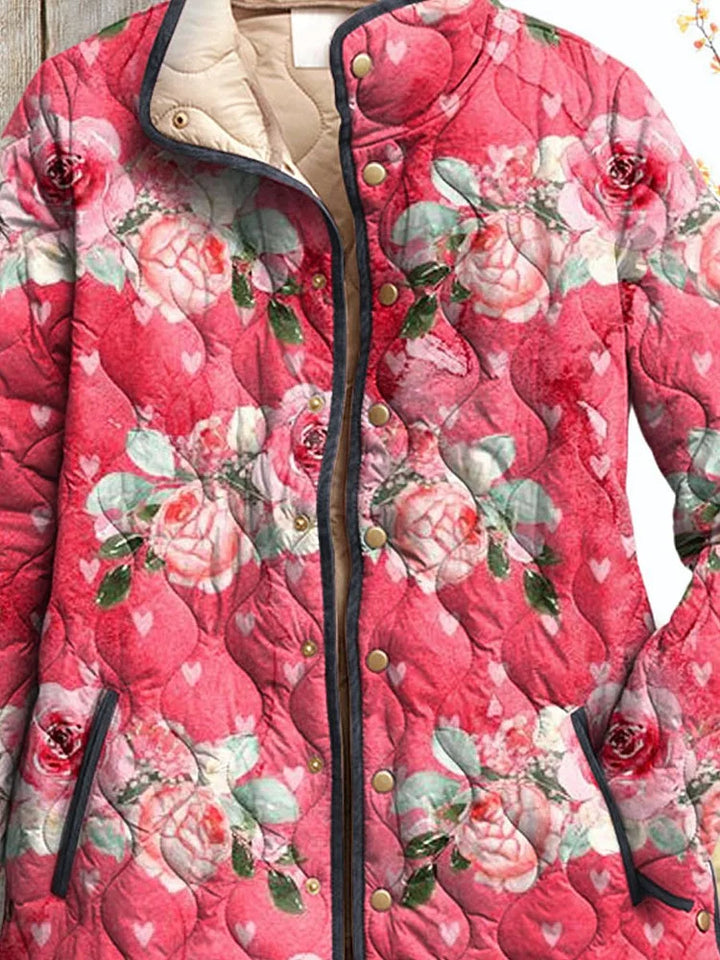 Damen Charmante Rosa Blumen Kunst Gedruckte Casual Steppjacke