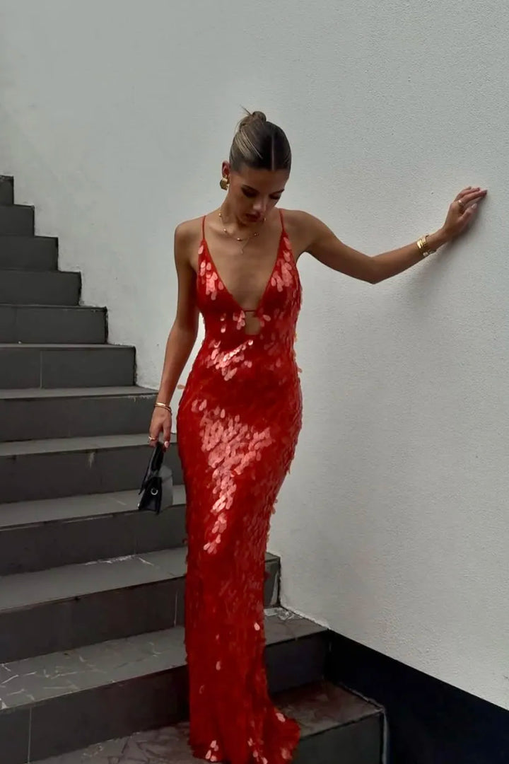 Kalea - Glitzer Pailletten Rückenfreies Trägerkleid