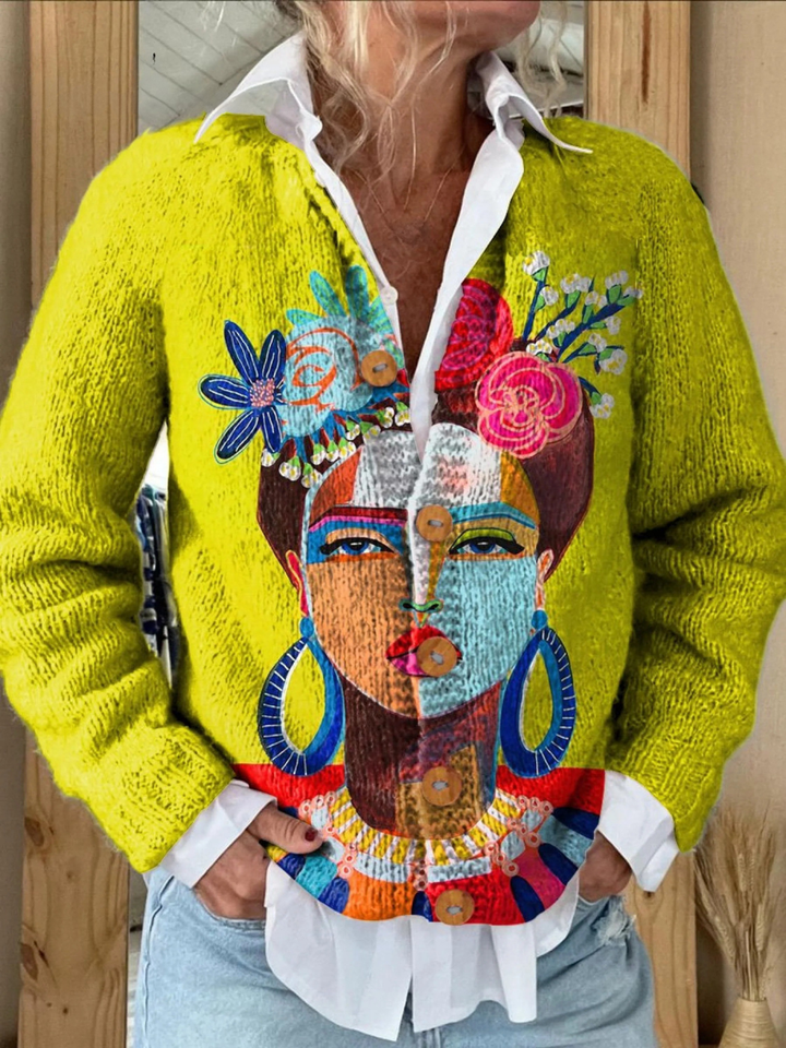 Ölgemälde Freda Porträt Kunst Druck | Knopfleiste Cardigan Pullover