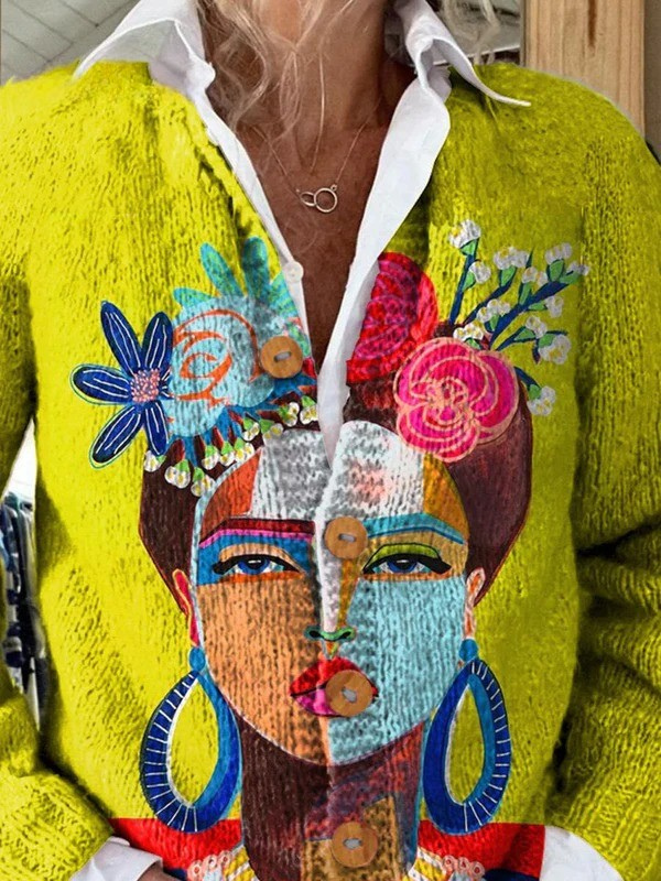 Ölgemälde Freda Porträt Kunst Druck | Knopfleiste Cardigan Pullover