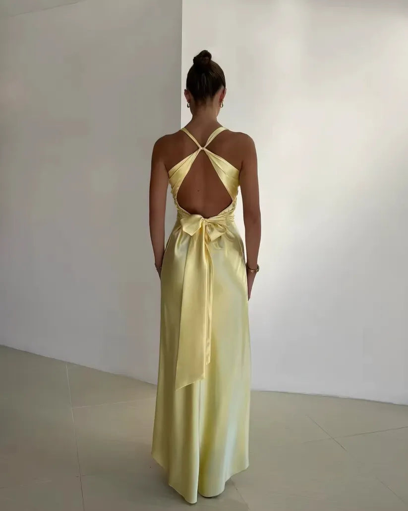 Rosalyn - V-Ausschnitt Satin Schleifen Rückenfreies Maxikleid