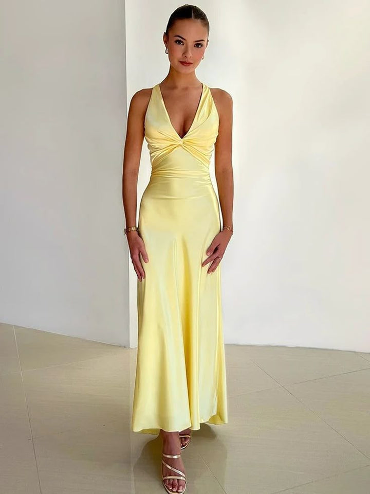 Rosalyn - V-Ausschnitt Satin Schleifen Rückenfreies Maxikleid