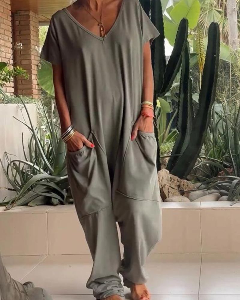 Yelena™ - Lässiger V-Ausschnitt Einfarbiger Jumpsuit
