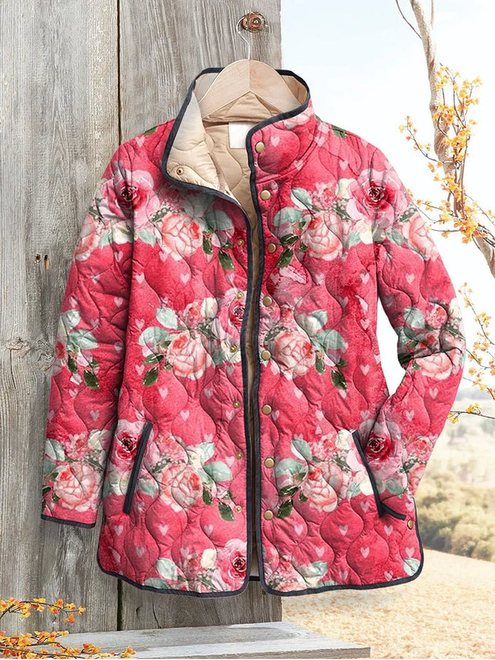 Damen Charmante Rosa Blumen Kunst Gedruckte Casual Steppjacke