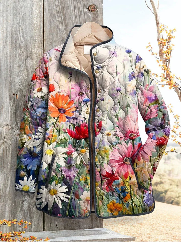 Damen Vintage Charmante Blumen Druck Casual Steppjacke