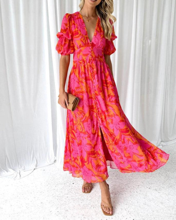 Clara – Elegantes Maxikleid mit V-Ausschnitt und Puffärmeln