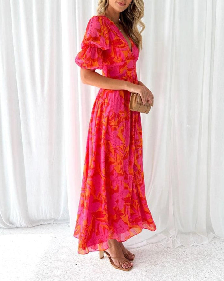Clara – Elegantes Maxikleid mit V-Ausschnitt und Puffärmeln