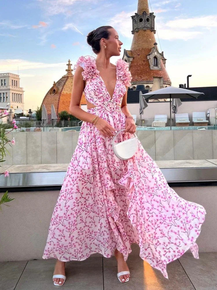 Aurora - Elegantes Rückenfreies Rüschens Maxikleid