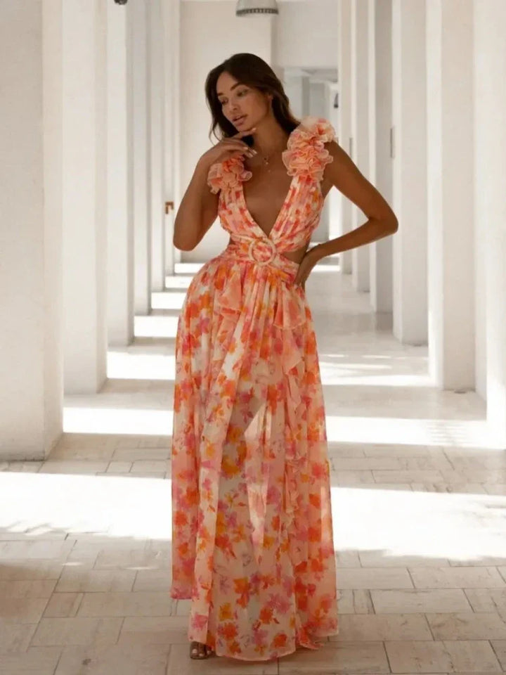 Aurora - Elegantes Rückenfreies Rüschens Maxikleid