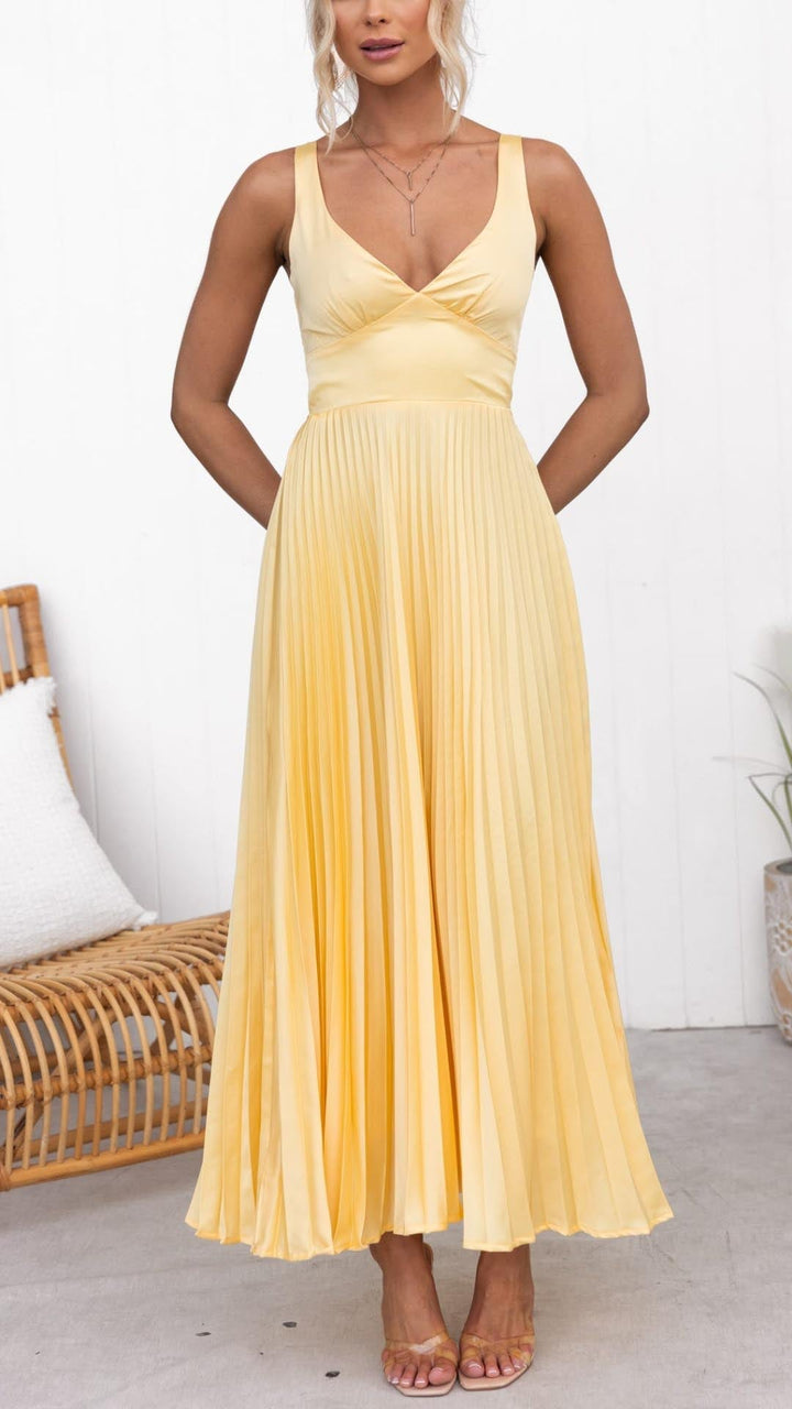 Nayeli - Elegantes Plissee V-Ausschnitt Maxikleid