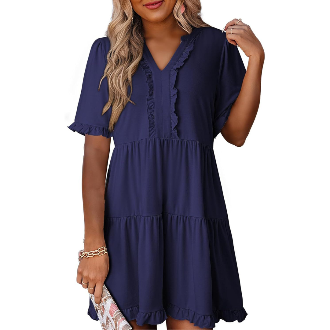 Shaila™ - Lässiges V-Ausschnitt Mini-Kleid