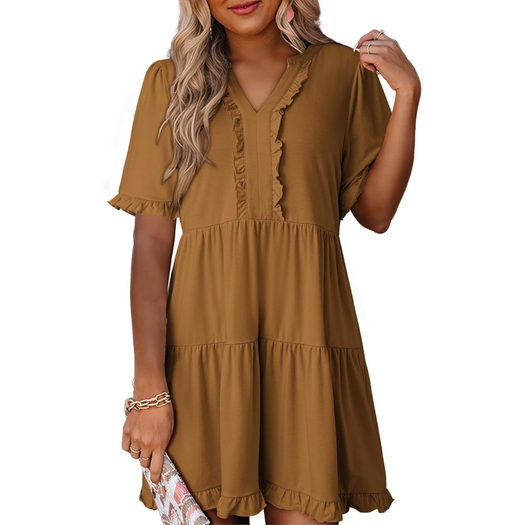 Shaila™ - Lässiges V-Ausschnitt Mini-Kleid