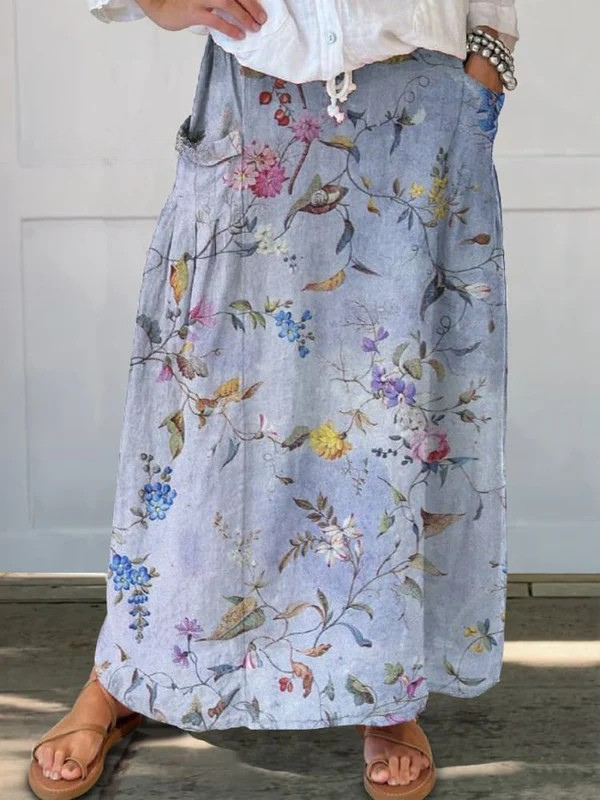 Eleganter Vintage Blau Druck Damen Leinen Taschenrock