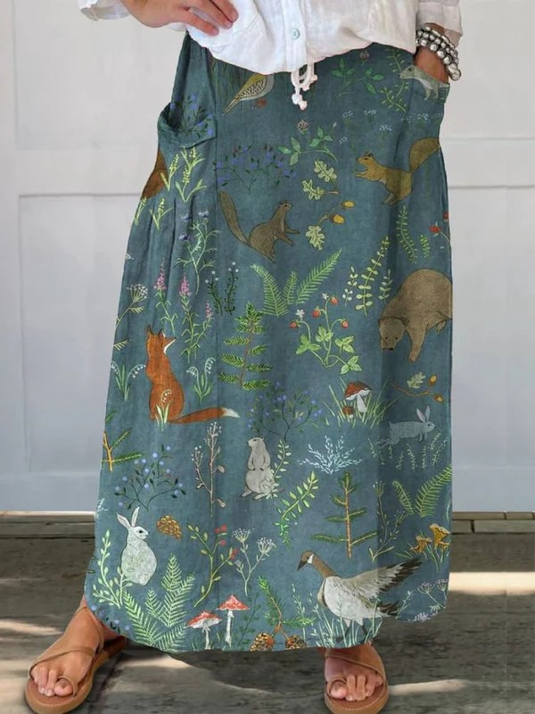 Damen Retro Blumen Tiere Kunst Legere Leinen Tasche Rock