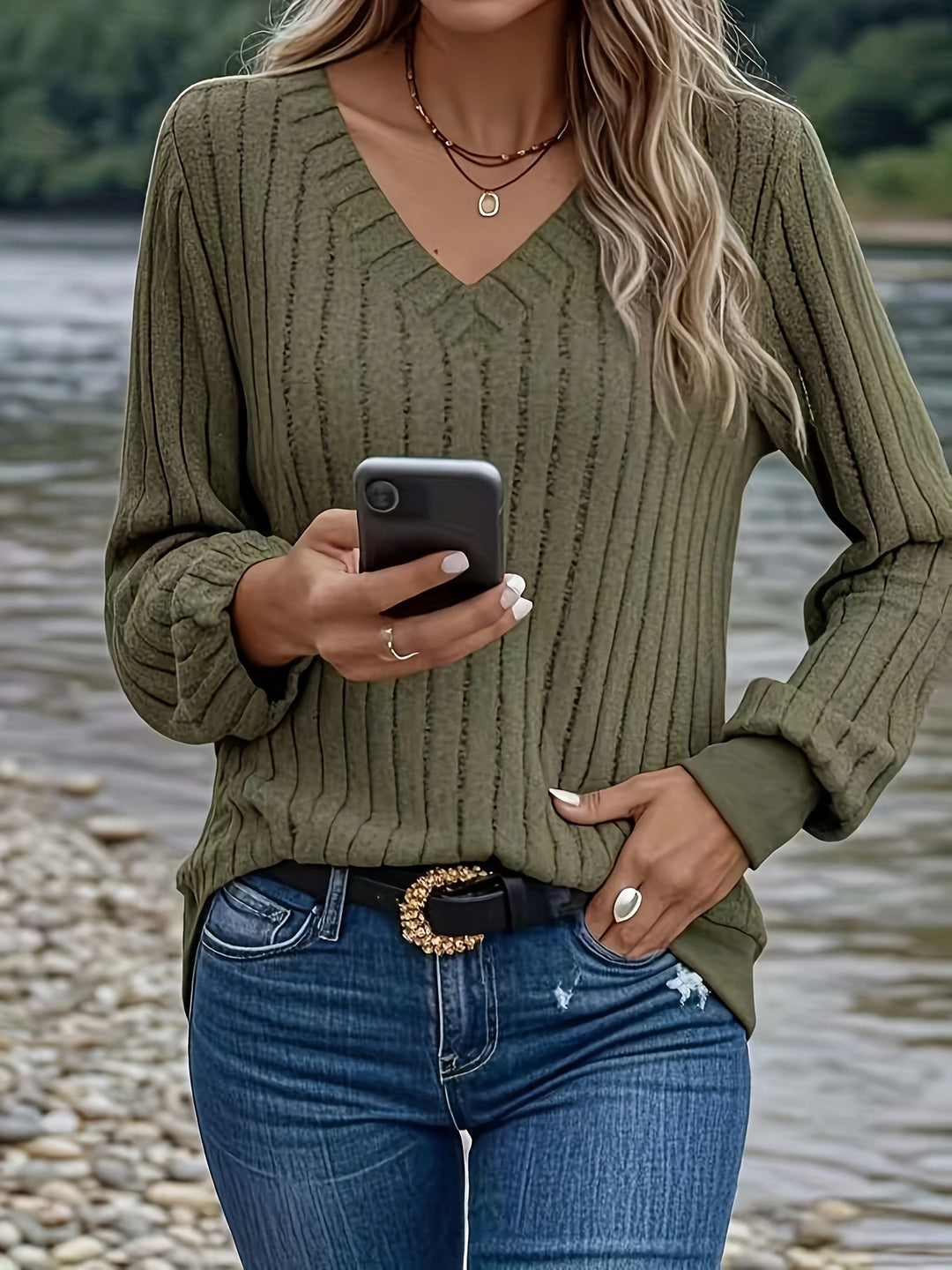 Joan™ - Stilvolles Ripp-V-Ausschnitt Sweatshirt