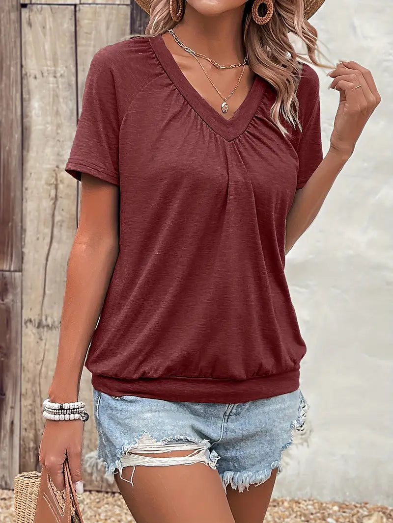 Hilda™ - Unifarbenes V-Ausschnitt-T-Shirt