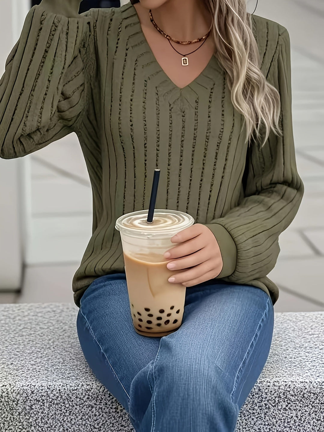 Joan™ - Stilvolles Ripp-V-Ausschnitt Sweatshirt