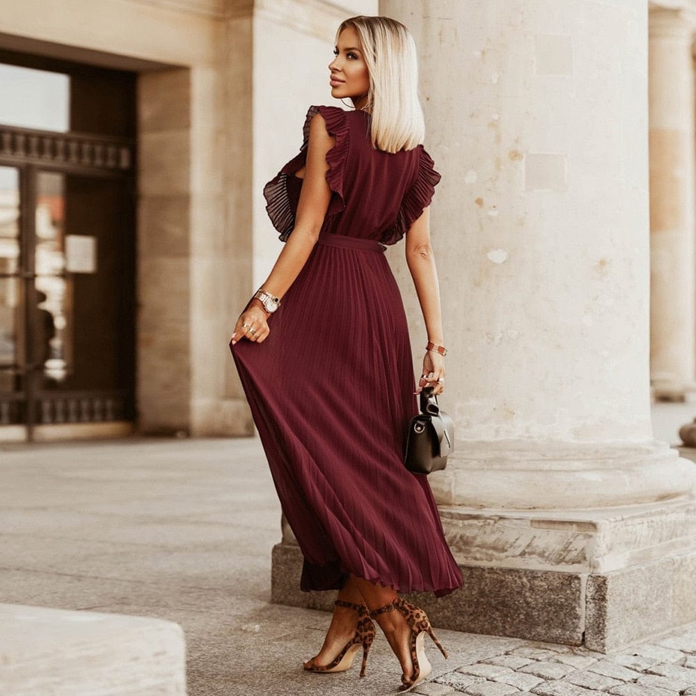 Elena™ Dunkelrotes Boho Festkleid mit V-Ausschnitt