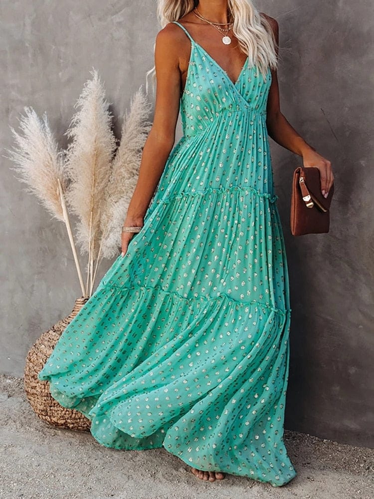 Evi™ Grüne Maxi Kleid Mit V-Ausschnitt Und Sommerlichem Ibiza-Muster