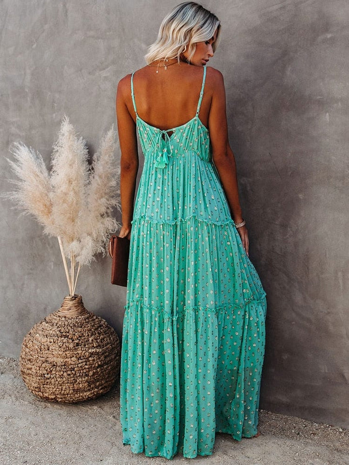Evi™ Grüne Maxi Kleid Mit V-Ausschnitt Und Sommerlichem Ibiza-Muster