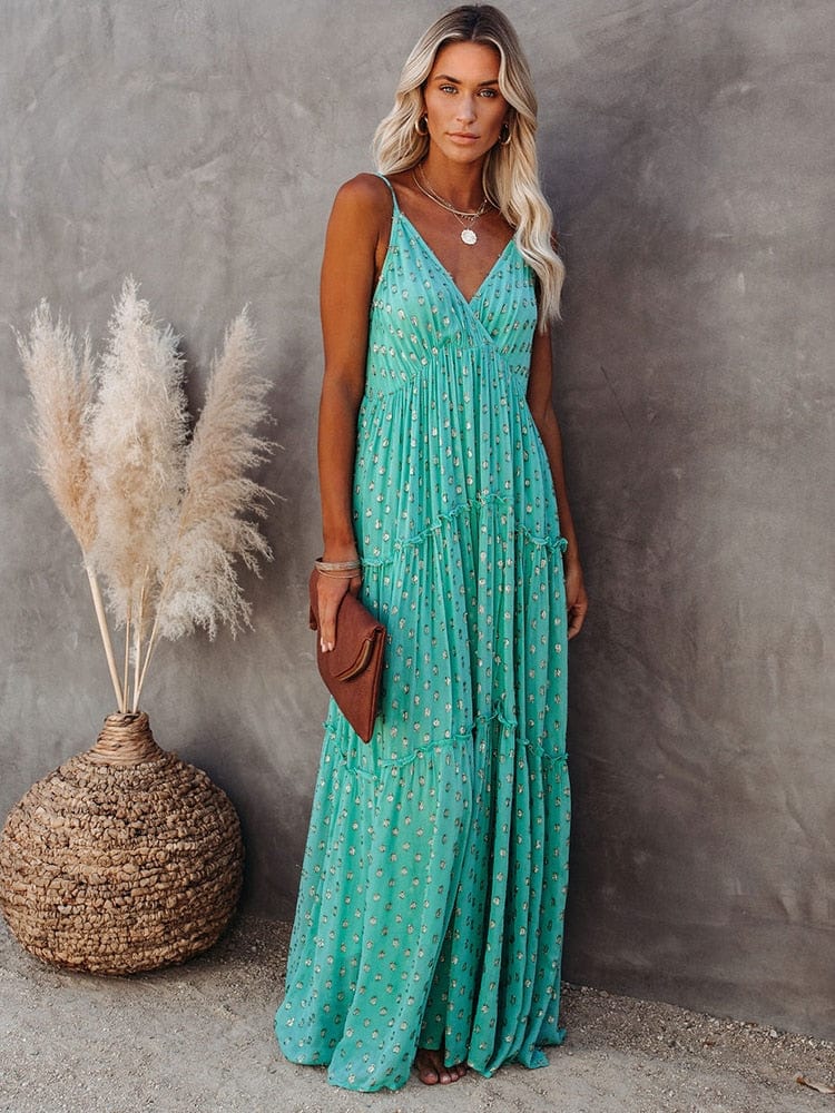 Evi™ Grüne Maxi Kleid Mit V-Ausschnitt Und Sommerlichem Ibiza-Muster