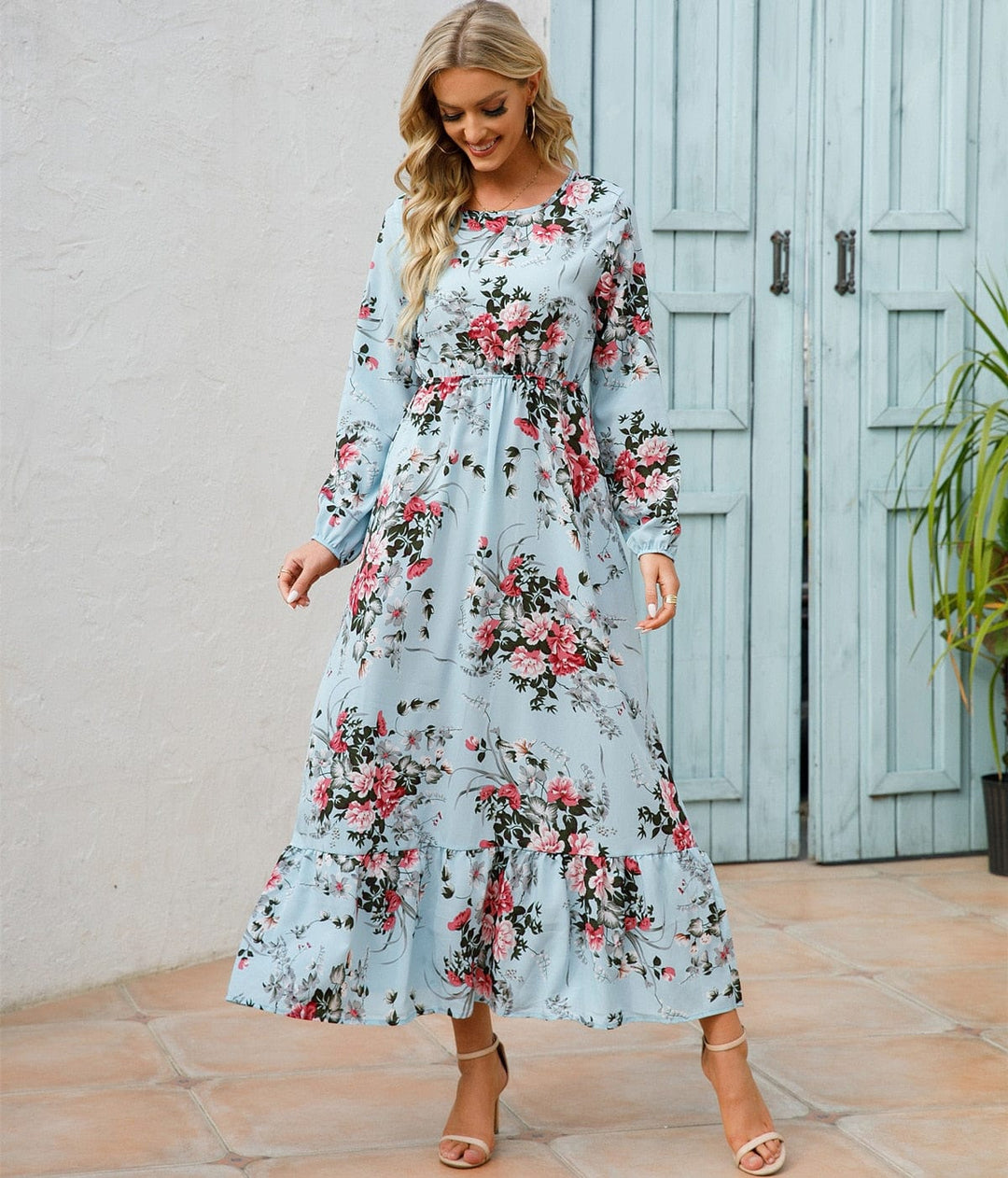 Loua™ Hellblaue Sommerliche Ibiza Kleid mit Blumenmuster