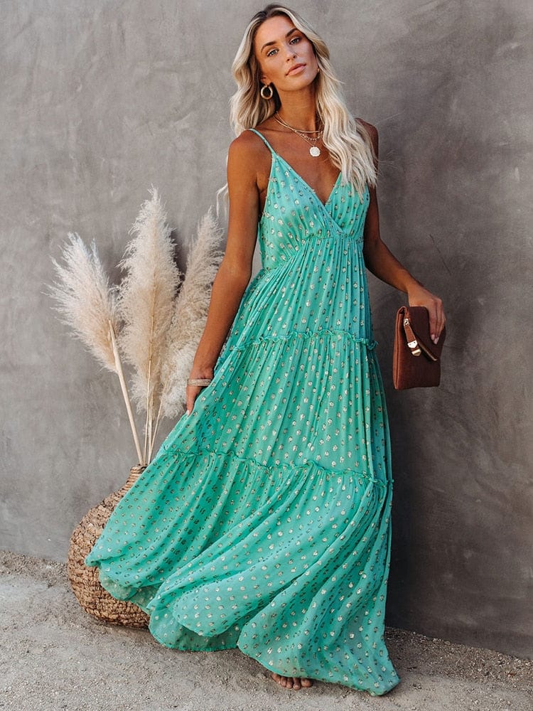 Evi™ Grüne Maxi Kleid Mit V-Ausschnitt Und Sommerlichem Ibiza-Muster