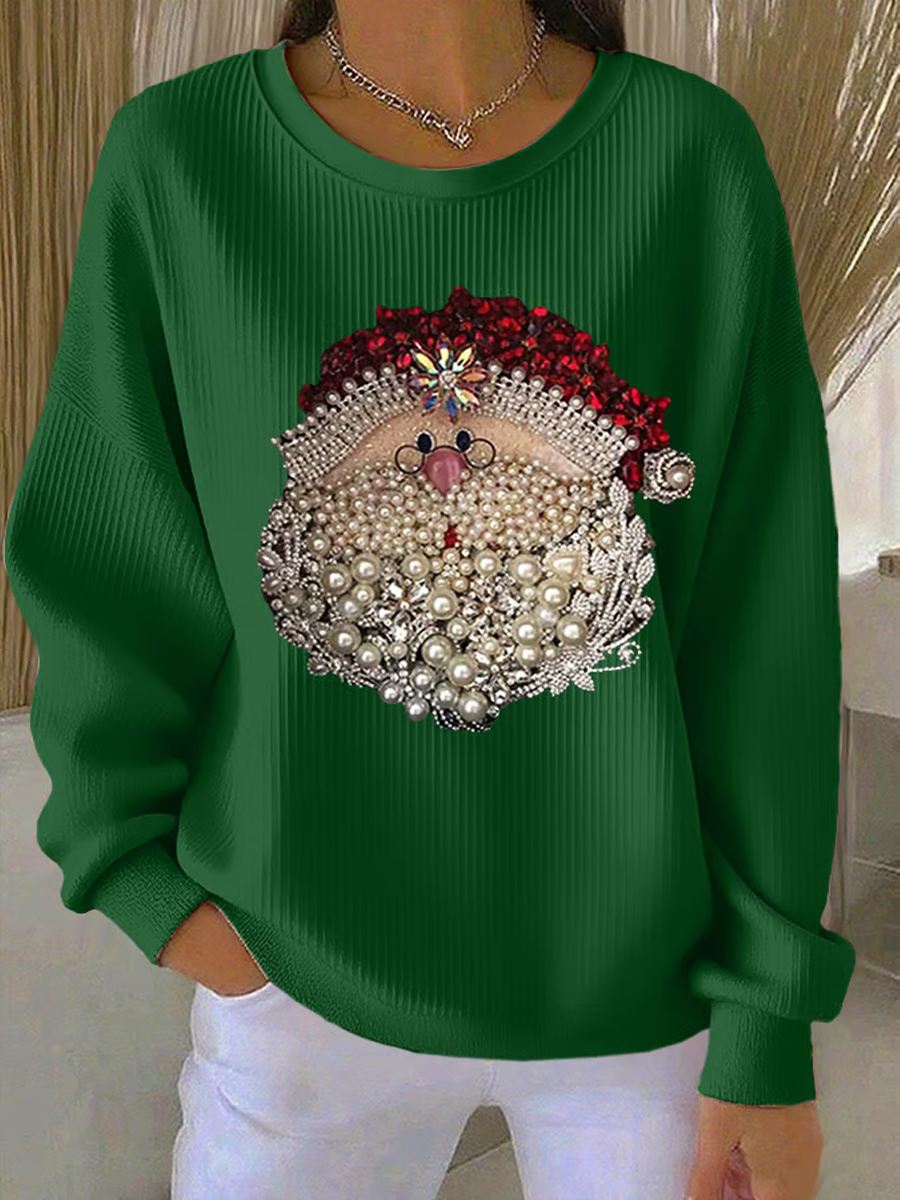 Damen Santa Claus Bedruckter Gerippter Rundhals-Sweatshirt