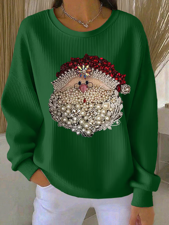 Damen Santa Claus Bedruckter Gerippter Rundhals-Sweatshirt