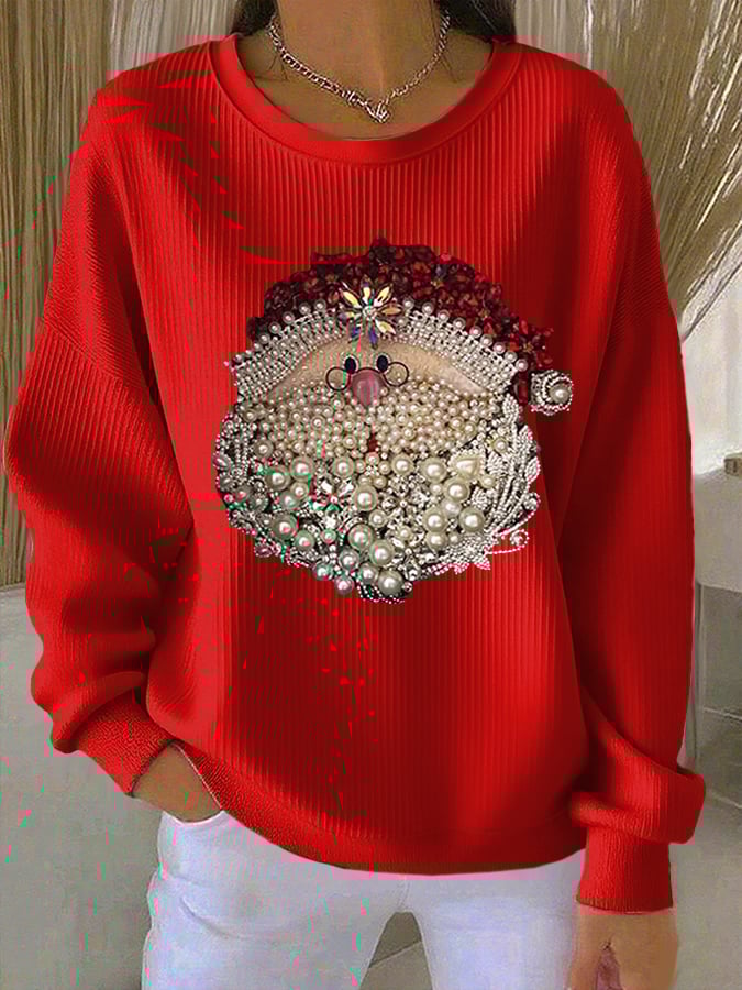 Damen Santa Claus Bedruckter Gerippter Rundhals-Sweatshirt