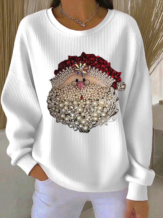 Damen Santa Claus Bedruckter Gerippter Rundhals-Sweatshirt