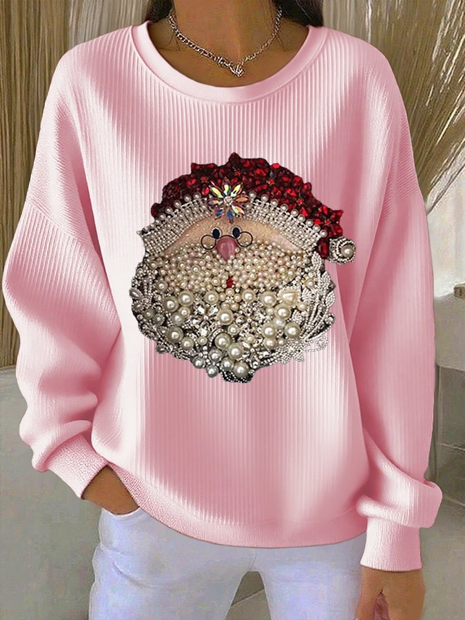 Damen Santa Claus Bedruckter Gerippter Rundhals-Sweatshirt