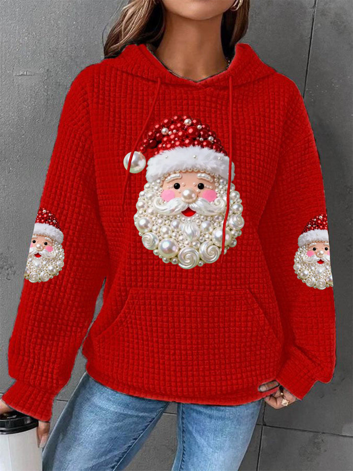 Damen Weihnachtsperlen Santa Claus Druck Lässiger Waffel Hoodie