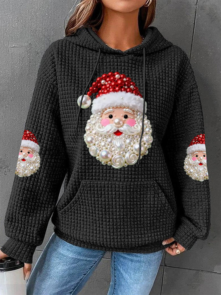 Damen Weihnachtsperlen Santa Claus Druck Lässiger Waffel Hoodie