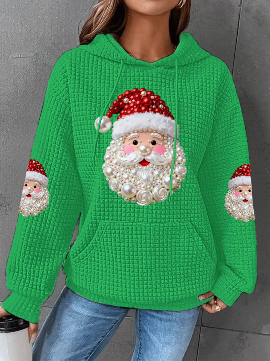 Damen Weihnachtsperlen Santa Claus Druck Lässiger Waffel Hoodie