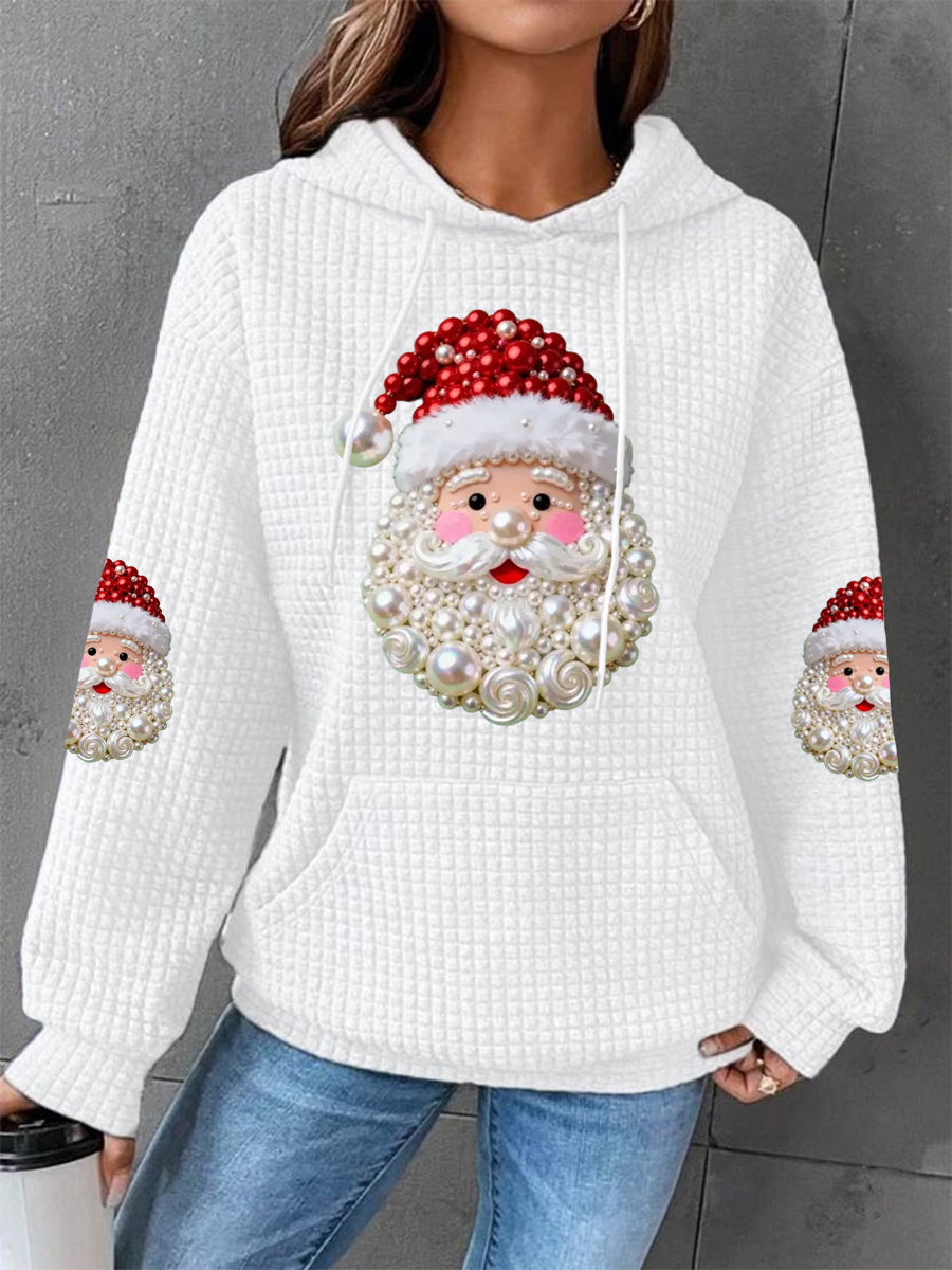 Damen Weihnachtsperlen Santa Claus Druck Lässiger Waffel Hoodie