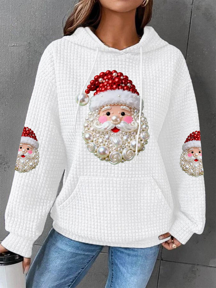 Damen Weihnachtsperlen Santa Claus Druck Lässiger Waffel Hoodie