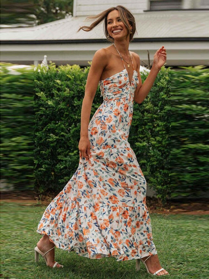 Elin™ Sommerliche Hochzeitsgäste Kleid Mit Orangen Blumen Und V-Ausschnitt